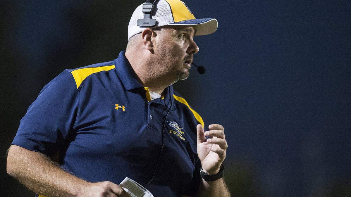 Merced College head coach Bob Casey looks on during a game against Gavilan College at Stadium ’76 in Merced, Calif., on Saturday, Oct. 28, 2017.
