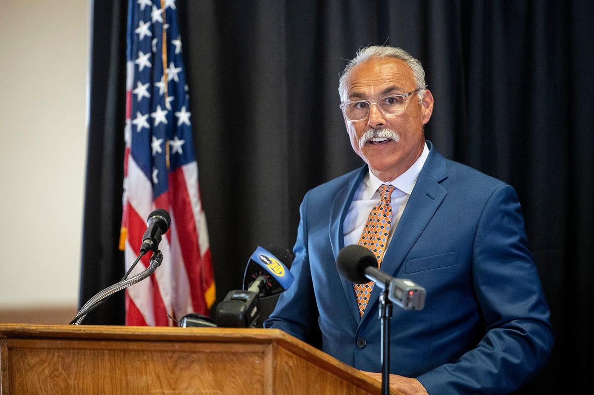 California Department of Food and Agriculture Deputy Secretary Michael Flores speaks during a news conference announcing $5 million in state funding awarded to the Merced County Fair at the Merced County Fairgrounds in Merced, Calif., on Wednesday, Aug. 9, 2023. According to Merced County Fair President Vicky Banaga, the funding will be used to upgrade facility kitchens, facility HVAC and a new roof for one of the buildings.