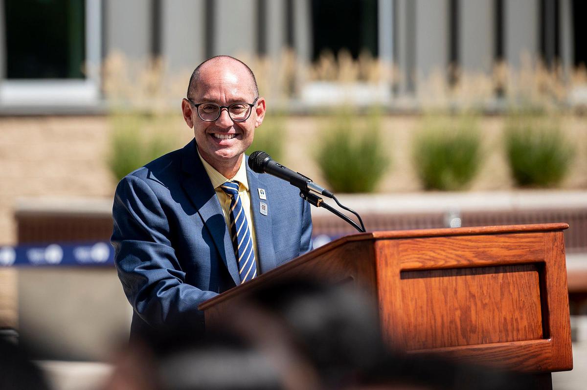 Merced College President Chris Vitelli speaks during a ribbon cutting ceremony for the Raj Kahlon Agriculture and Industrial Technology Complex on the Merced College campus in Merced, Calif., on Thursday, Sept. 15, 2022. According to Merced College, the new 29,000- square-foot facility is state of the art and will allow the college to train additional students for jobs in agriculture as well as industrial technology and other workforce programs.