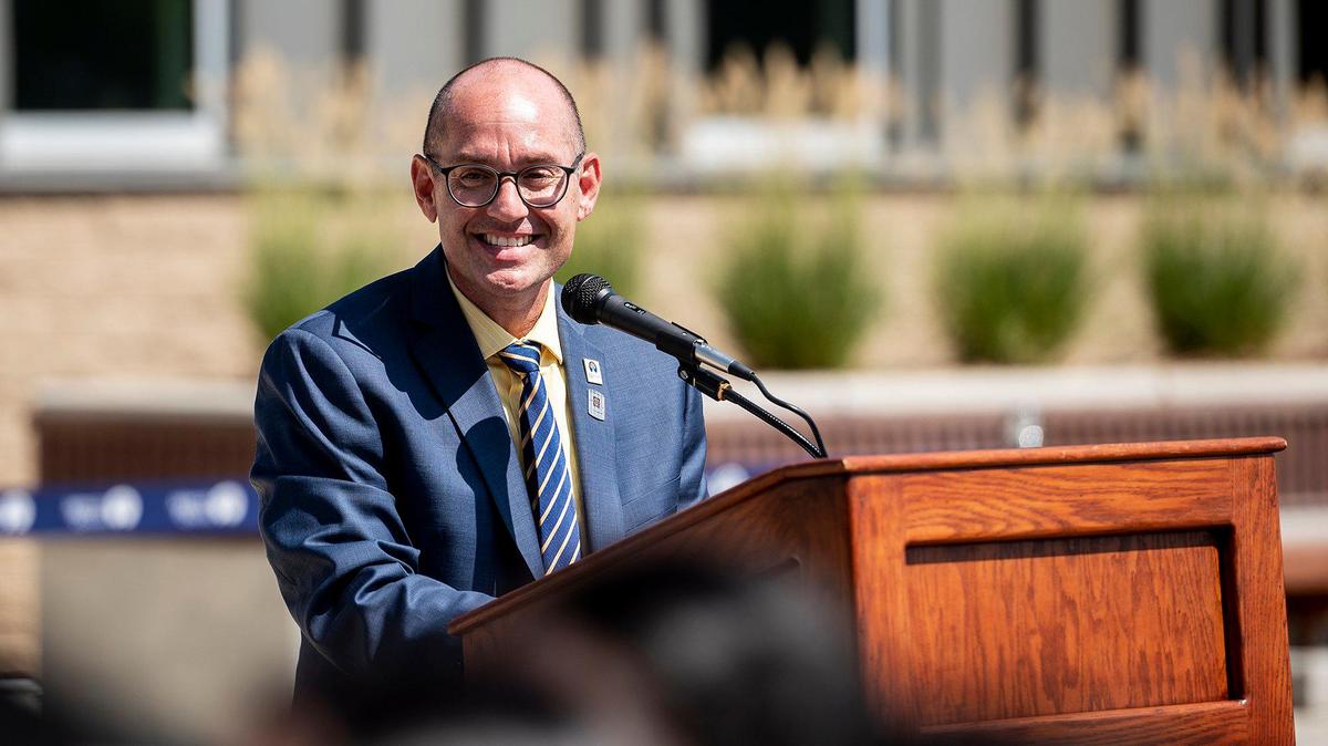 Merced College President Chris Vitelli speaks during a ribbon cutting ceremony for the Raj Kahlon Agriculture and Industrial Technology Complex on the Merced College campus in Merced, Calif., on Thursday, Sept. 15, 2022. According to Merced College, the new 29,000- square-foot facility is state of the art and will allow the college to train additional students for jobs in agriculture as well as industrial technology and other workforce programs.