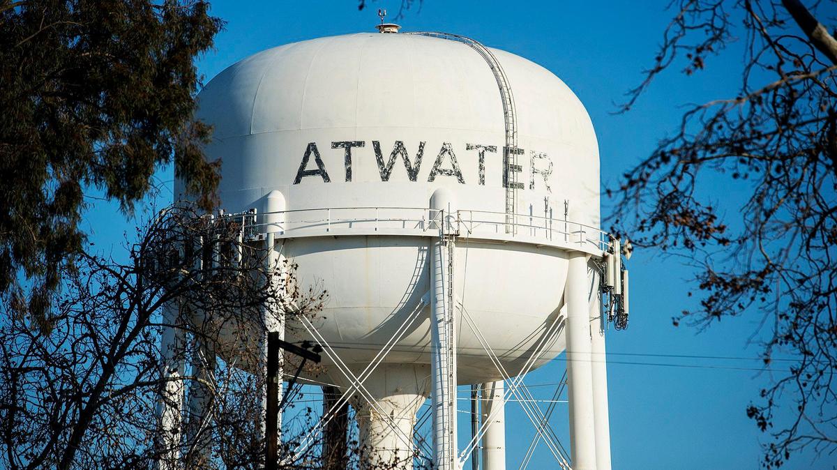 A water tower along Cedar Avenue in Atwater, Calif., on Tuesday, Feb. 11, 2020. The Atwater City Council has declared an initiative to restore the city’s clean water as its highest priority after a carcinogenic chemical, 1,2,3-Trichloropropane was found in quantities exceeding state-approved maximum levels in several Atwater wells.