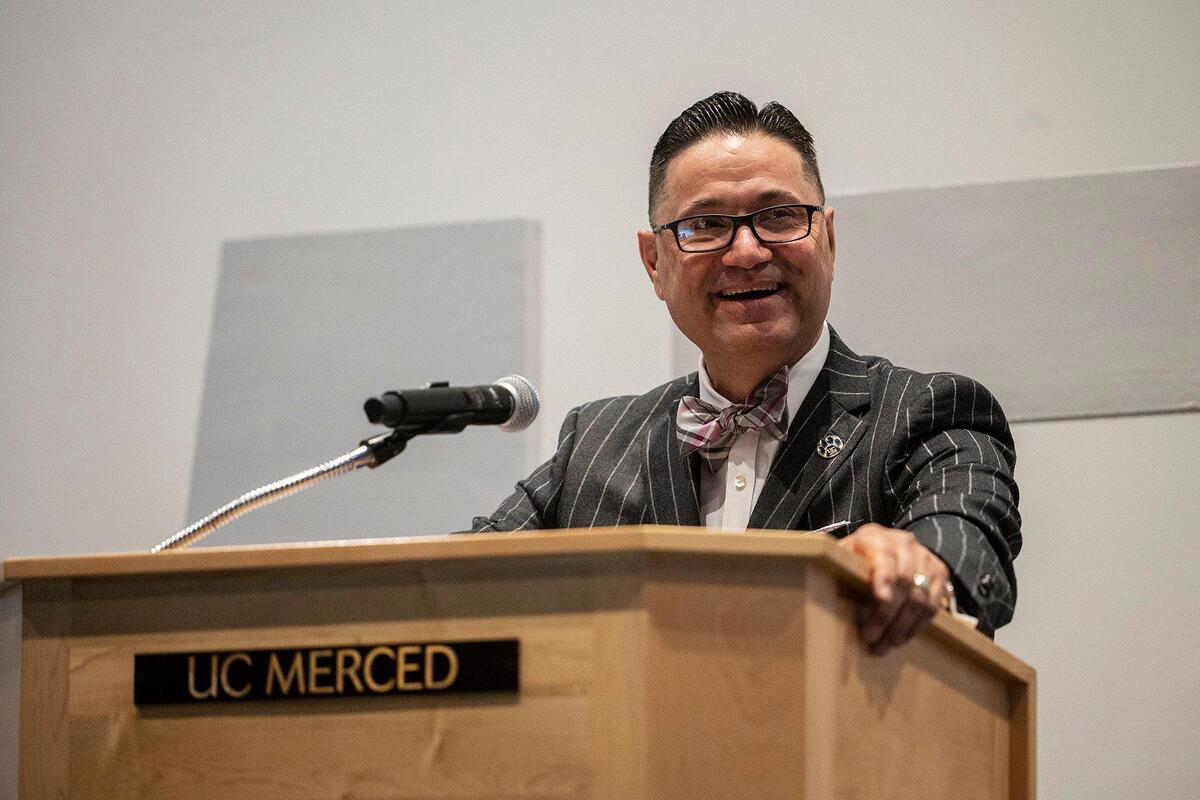 University of California, Merced Chancellor Juan Sanchez Munoz speaks during a 20-year anniversary celebration of the groundbreaking of the University of California, Merced, in Merced, Calif., on Wednesday, Jan. 25, 2023.