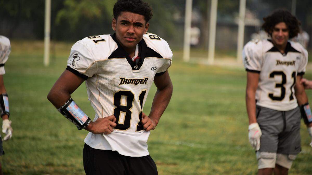 Buhach Colony junior running back Jaxson Percoats looks on at practice on Wednesday, Aug. 18, 2021.