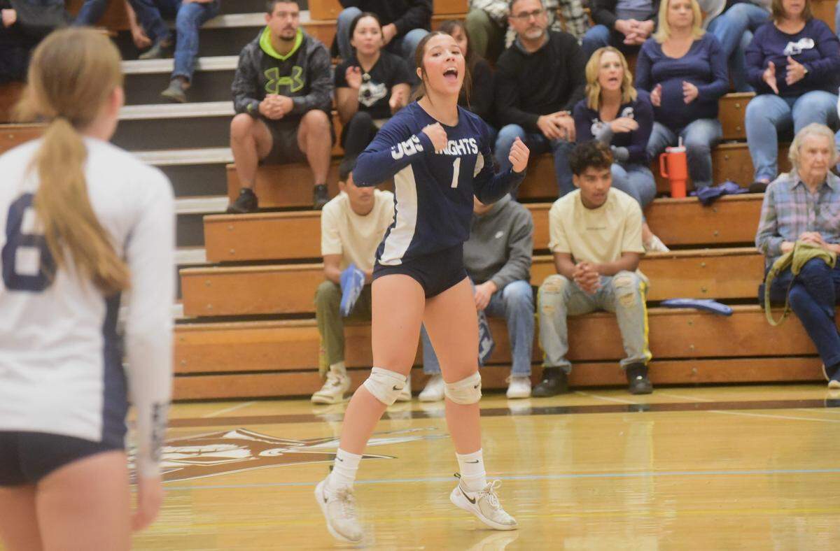 Stone Ridge Christian libero Cali Cole (1) celebrates a point during the Sac-Joaquin Section Division VI championship match against Sacramento Country Day on Saturday, Nov. 4, 2023 at Modesto Junior College.