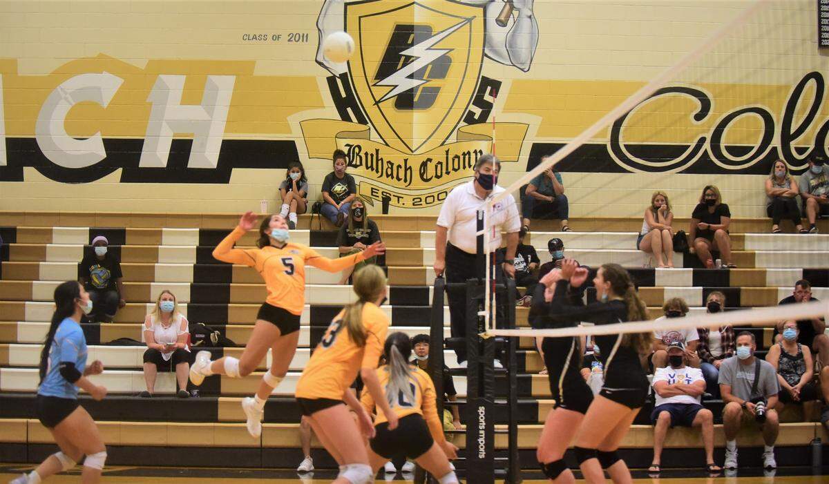 El Capitan High junior Hanna Moradzadeh goes up for a hit against Buhach Colony during a match on Tuesday, Sept. 21, 2021 in Atwater, Calif.