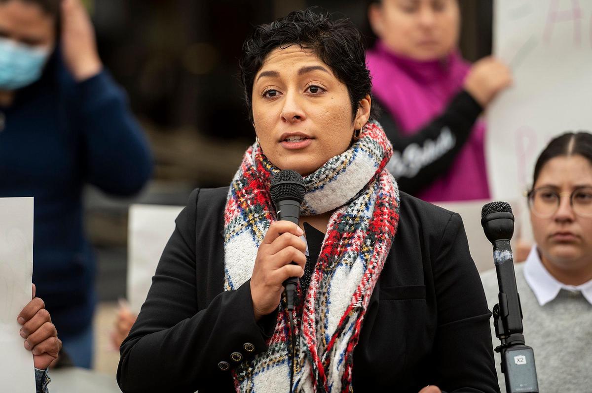 Daniela Ceja-Arceo, 25, of Planada, speaks during a news outside the Merced County Administration Building during a conference prior to the Merced County Board of Supervisors meeting in Merced, Calif., on Tuesday, Feb. 28, 2023. Planada residents and community advocates who attended the meeting said the county isn’t doing enough to help the community of Planada following devastating flooding which damaged homes and forced thousands to evacuate.
