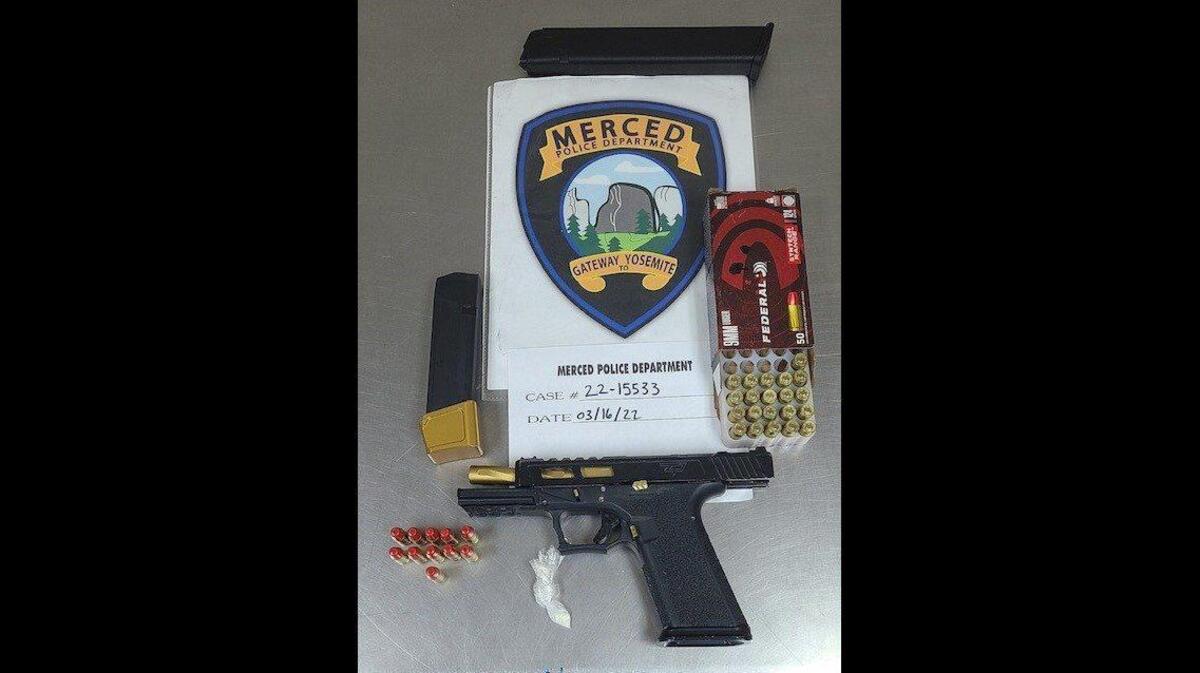 A 23-year old male passenger on parole was arrested during a traffic stop in Merced on Wednesday, after an officer located an unregistered firearm and a small amount of cocaine, according to the Merced Police Department. The 37-year-old woman driving the vehicle was cited for driving on a suspended license and vehicle lighting violations. Image courtesy of Merced Police Department.