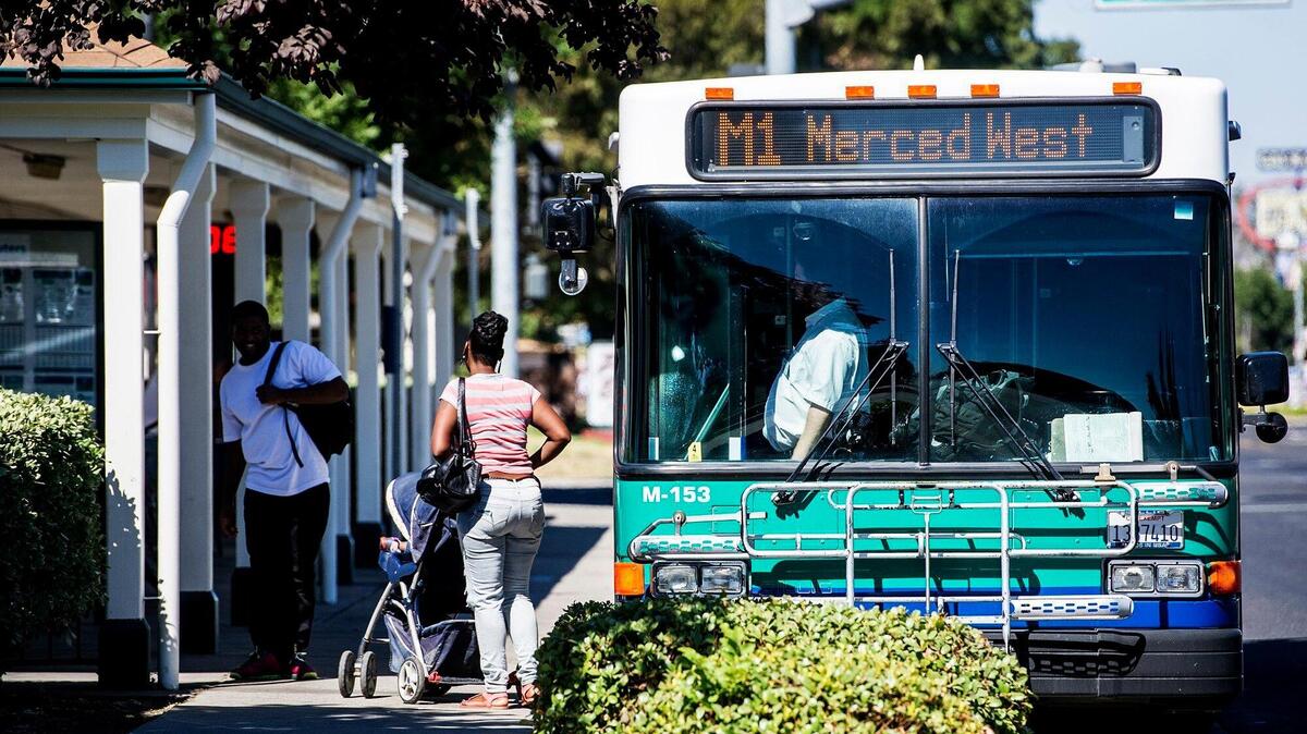 The Bus stops on West 16th Street near O Street in Merced, Calif., Wednesday, Sept. 16, 2015. According to the Merced County Association of Governments, The Bus will be offering free rides throughout the county from June 20, to July 5, in celebration of National “Dump the Pump” day.