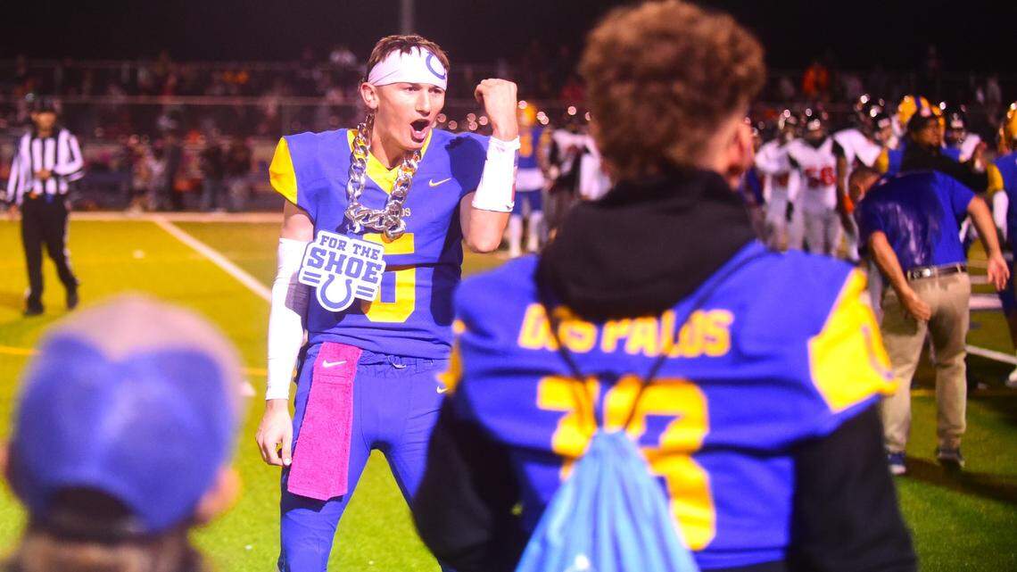Dos Palos High School senior quarterback Peyton Van Worth celebrates after the Broncos defeated Coalinga 21-20 to win the West Sierra League championship on Friday, Oct, 28, 2023 at Bill Hume Stadium in Dos Palos, Calif.
