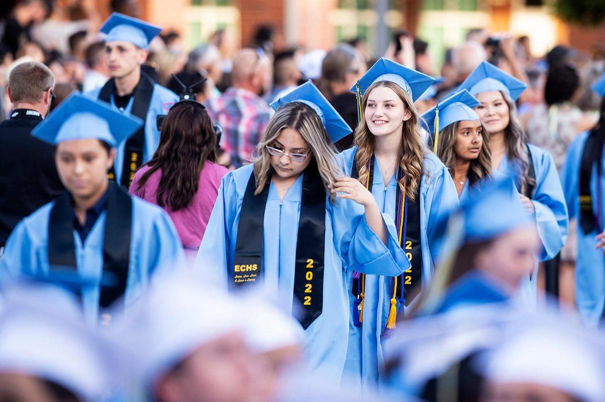 Graduates enter during a commencement ceremony for the El Capitan High School class of 2022 on the El Capitan High School campus in Merced, Calif., on Thursday, June 2, 2022.