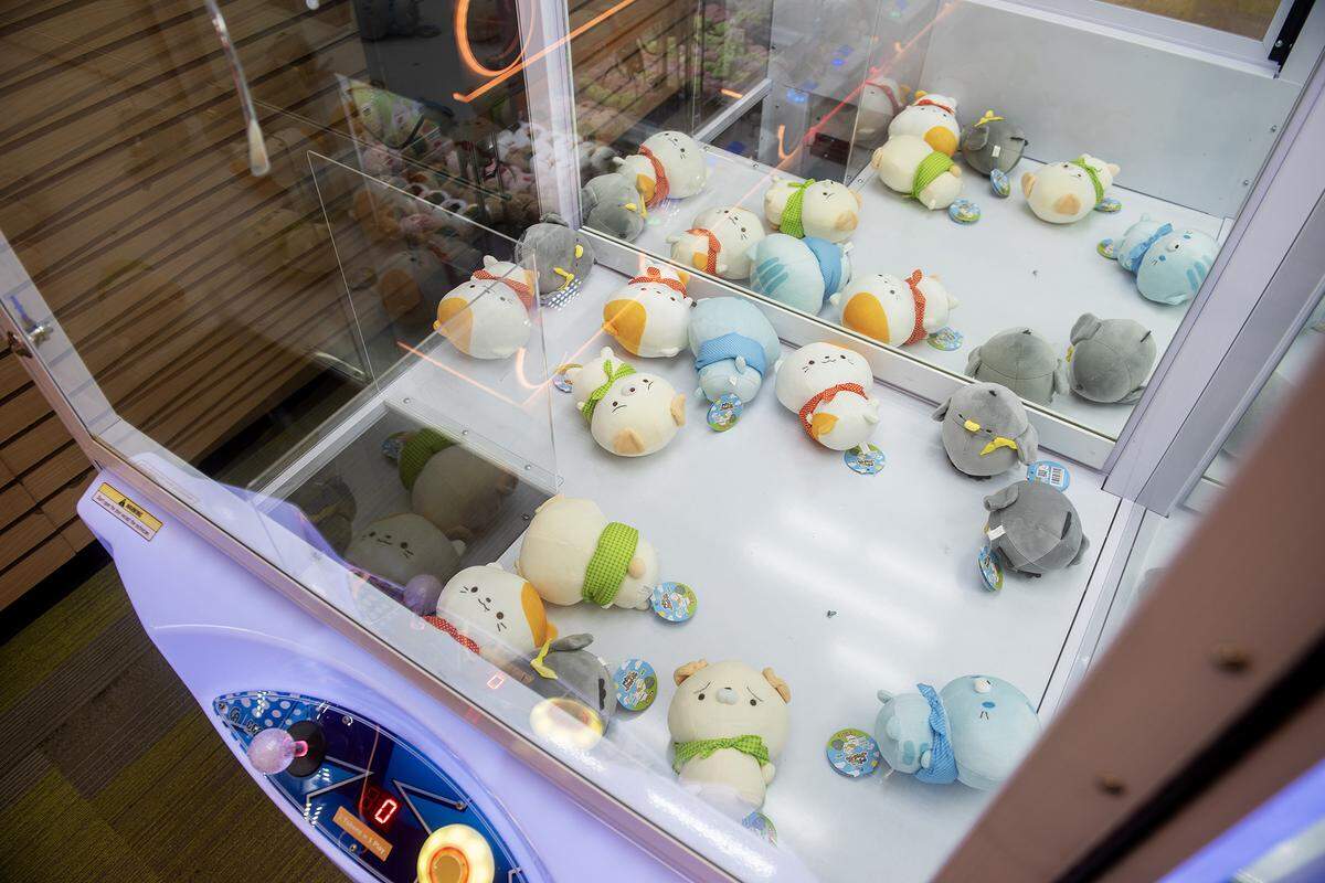 Plush toys inside a claw machine at the Kiddleton arcade, located inside the Marketplace at Merced in Merced, Calif., on Friday, Aug. 8, 2025. 