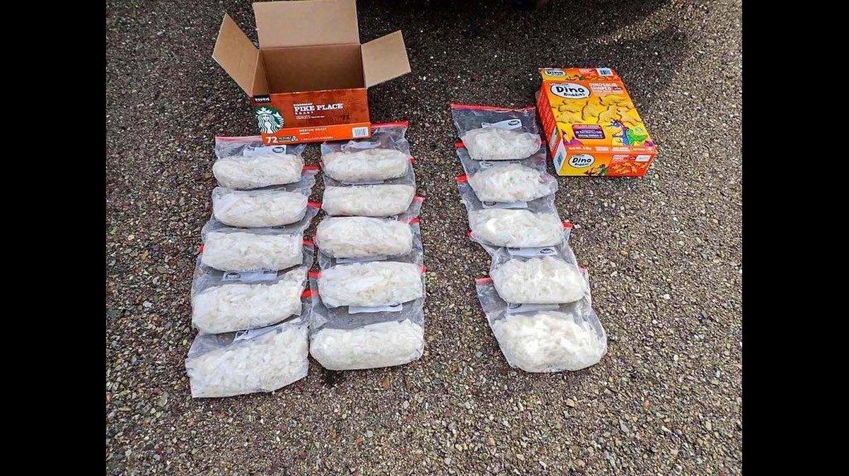 A driver was arrested during a Merced County traffic stop on Interstate 5 at State Route 33 on Jan. 14, after a California Highway Patrol officer and CHP K-9 located about 15 pounds of suspected methamphetamine inside a coffee box and a chicken nugget box on the vehicle’s rear seat, according to the CHP. Image courtesy of California Highway Patrol.