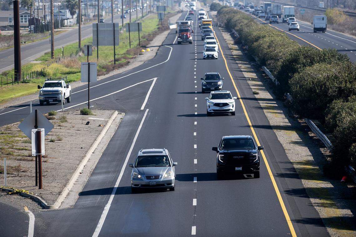Motorists drive along the northbound lanes of Highway 99 in Merced County, Calif., on Thursday, Jan. 23, 2025.