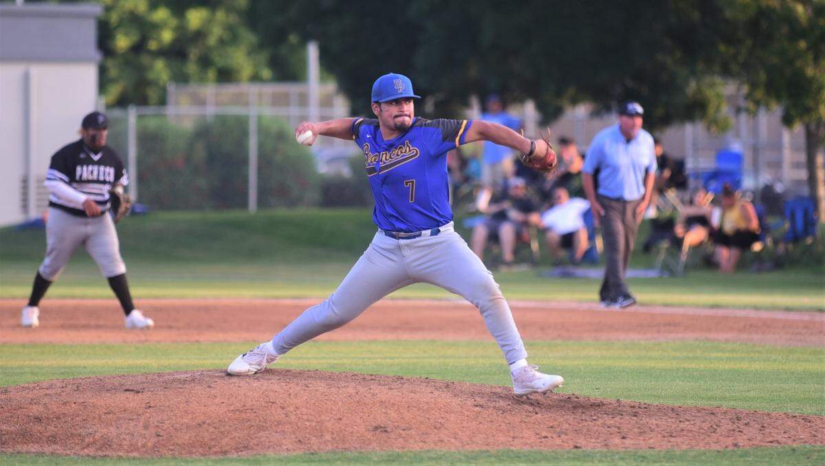 Dos Palos High School’s Isac Mandujano delivers a pitch for Merced County during the County Clash All-Star Game at Merced College on Saturday, June 17, 2023.