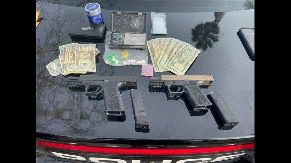 A traffic stop Thursday, Feb. 2, 2023, in the area of West 20th Street led to the arrest of two men found with guns and drugs, according to the Merced Police Department. Image courtesy of Merced Police Department.