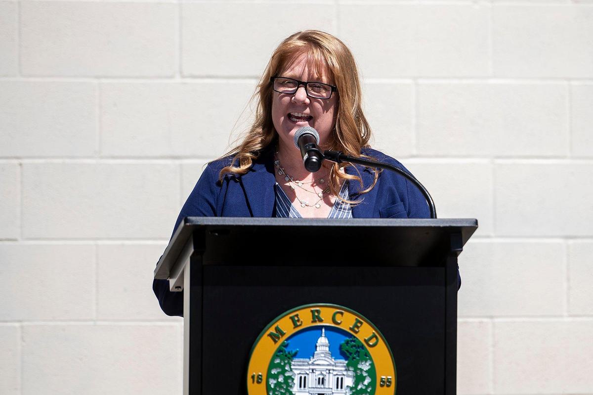 Merced County Librarian Amy Taylor, speaks during a groundbreaking ceremony for a project that calls for renovations to Del Hale Hall and the relocation of the Dos Palos branch of the Merced County Library at O’Banion Park in Dos Palos, Calif., on Wednesday, Aug. 2, 2023.