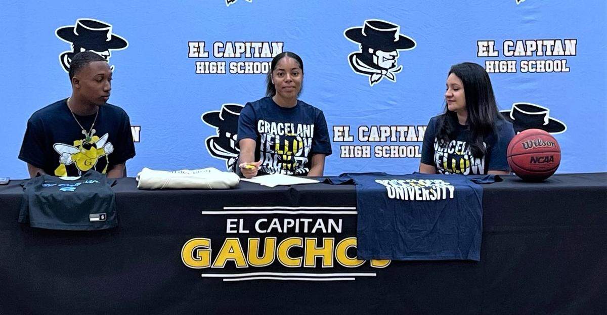 El Capitan High School senior Emma Ramey signed her national letter of intent to accept a basketball scholarship to Graceland University in Iowa while her boyfriend Jahkylle Smith and mother Lupe Ramirez look on during a ceremony at the high school on Tuesday, May 30, 2023.