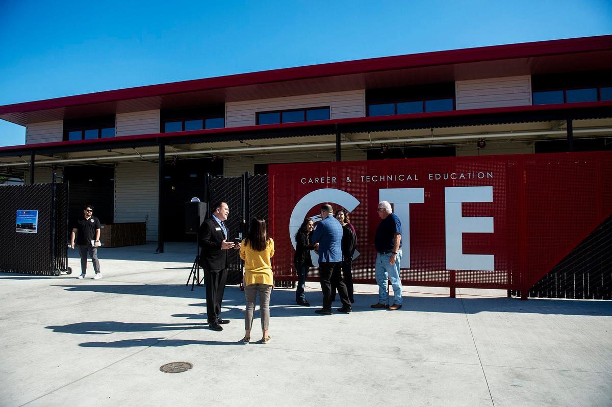 _ during a ribbon cutting ceremony to celebrate the opening of the new Career and Technical Education building on the Delhi Unified School District campus in Delhi, Calif., on Tuesday, April 9, 2024. According to the district, classes in agricultural mechanics and welding will be offered to students beginning in the fall of 2024.