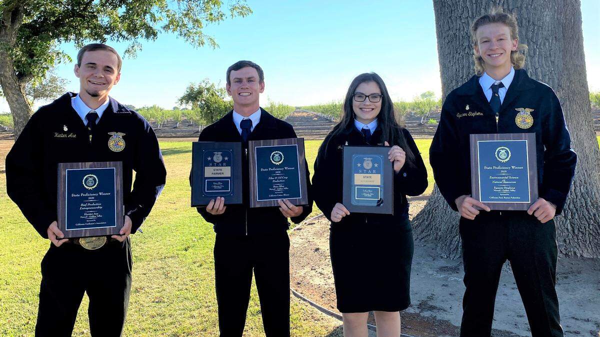 Golden Valley FFA members from left to right: Hunter Aue, Peter Bliss, Irelyn Bese and Spencer Stephens all won top state awards during the year to help the Golden Valley FFA chapter earn the honor of the No. 1 FFA program in the state by the California FFA Association