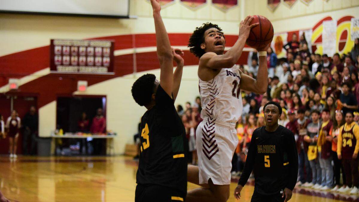 Golden Valley senior Avery Townsel goes up for a shot during the Sac-Joaquin Section Division III semifinal game against Vanden at Cougar Arena on Tuesday, Feb. 25, 2020.