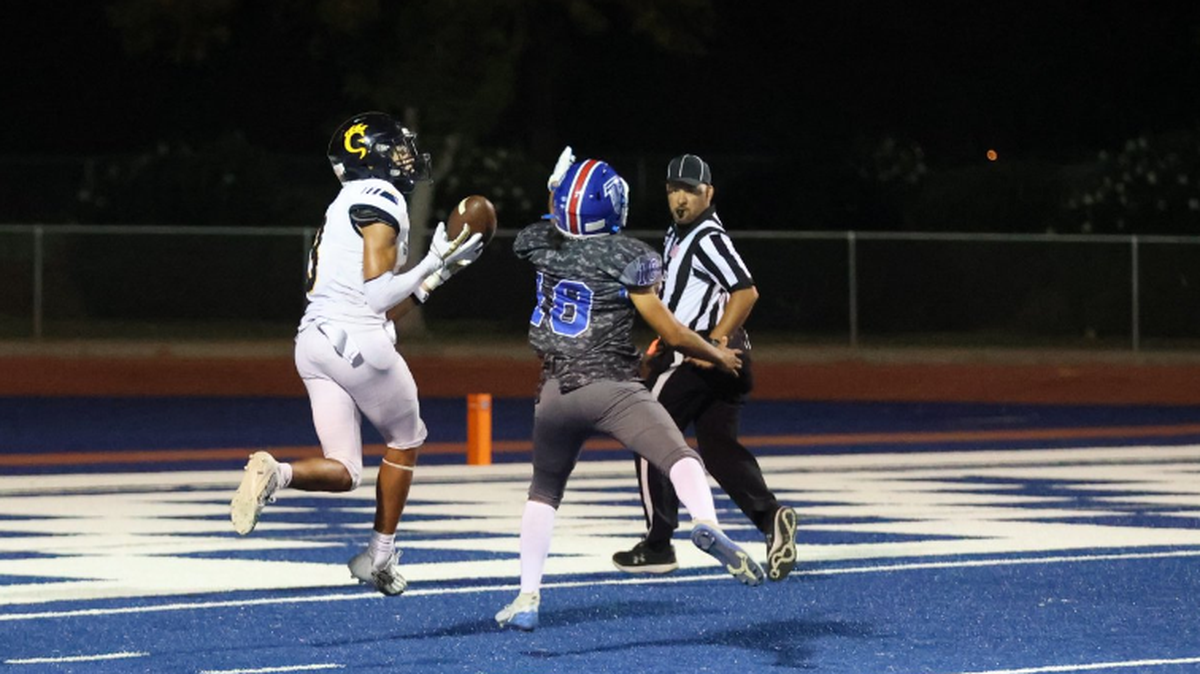 Gregori High School senior receiver Trey Webb hauls in a touchdown catch from quarterback Conner Bailey in the fourth quarter of a 41-23 win over Atwater at Dave Honey Stadium on Friday, Sept. 1, 2023.