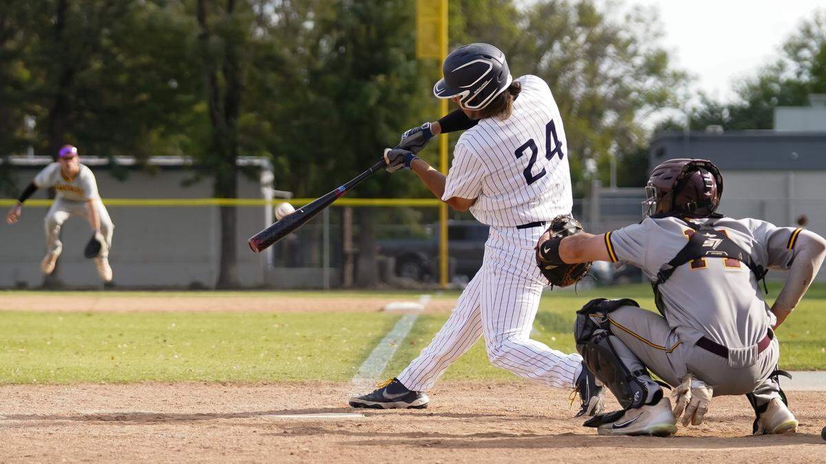 Merced College’s Jacob Solorio connects with a pitch earlier this season. The Blue Devils will host Canda College in a three-game playoff series beginning on Friday, May 5, 2023 at Blue Devil Diamond.