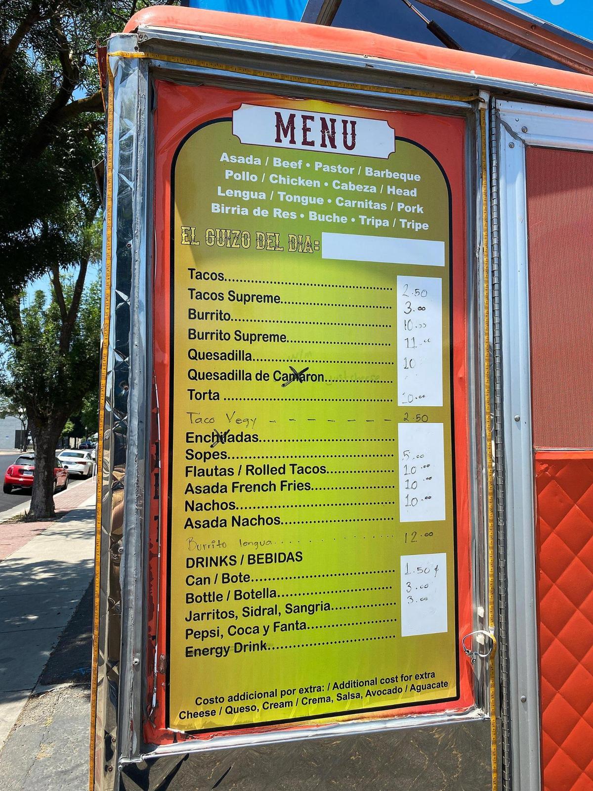 The Tacos Las Ranitas food truck menu, located at 825 West Main Street in Merced, Calif., on Tuesday, June 10, 2025.