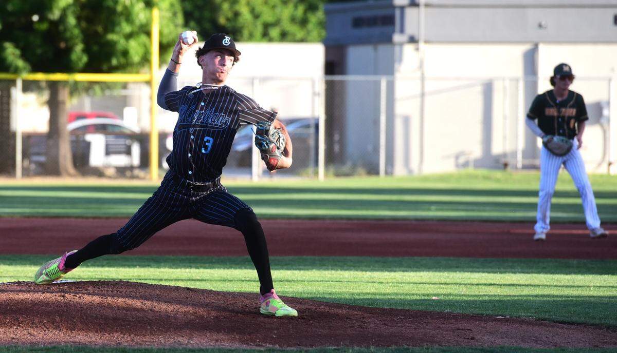 El Capitan High School pitcher Braden Giardina delivers a pitch during the first inning fo the Merced County All-Star Baseball Game on Saturday, June 8, 2024 at Merced College.