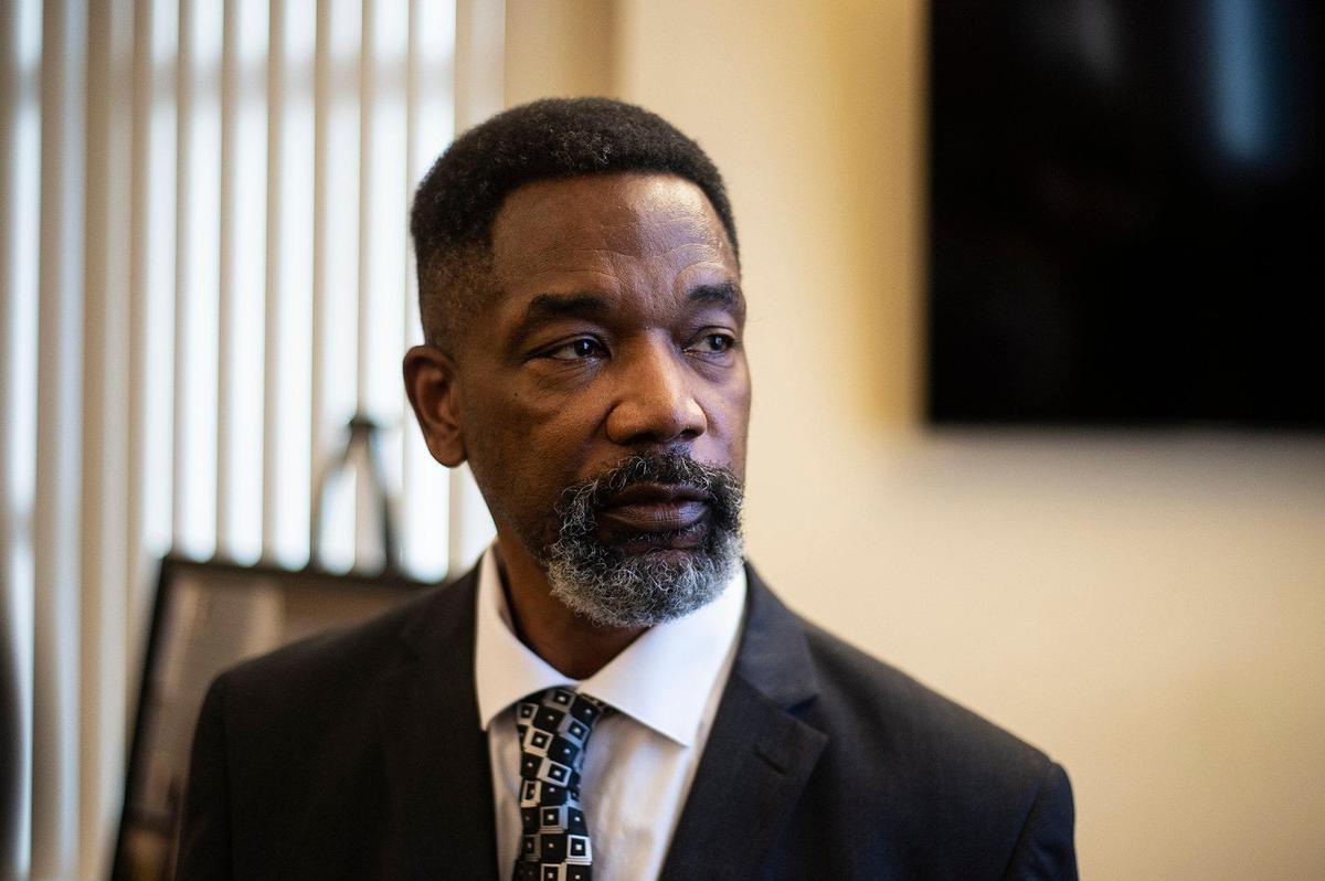 Richard Ogletree, 66, speaks about his brother Charles, following a ceremony celebrating the naming of Merced County’s main courthouse after Professor Charles James Ogletree Jr., in Merced, Calif., on Friday, Feb. 17, 2023. The naming of the building comes after the signing of Assembly Bill 2268 by Gov. Gavin Newsom, recognizing Ogletree’s contributions to law, education and civil rights.