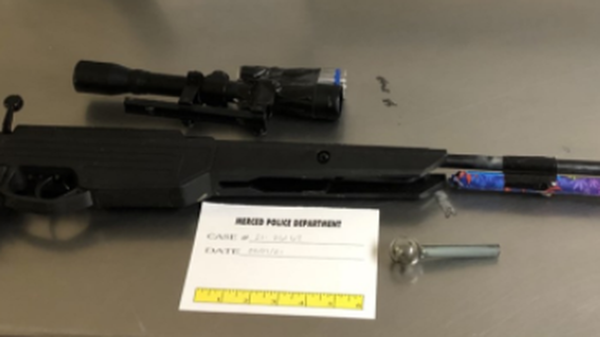 A 51-year old Merced man was arrested after nearly a five-hour standoff with police after pointing this weapon at people in his front lawn on East 21st Street on Friday, May 7, 2021.