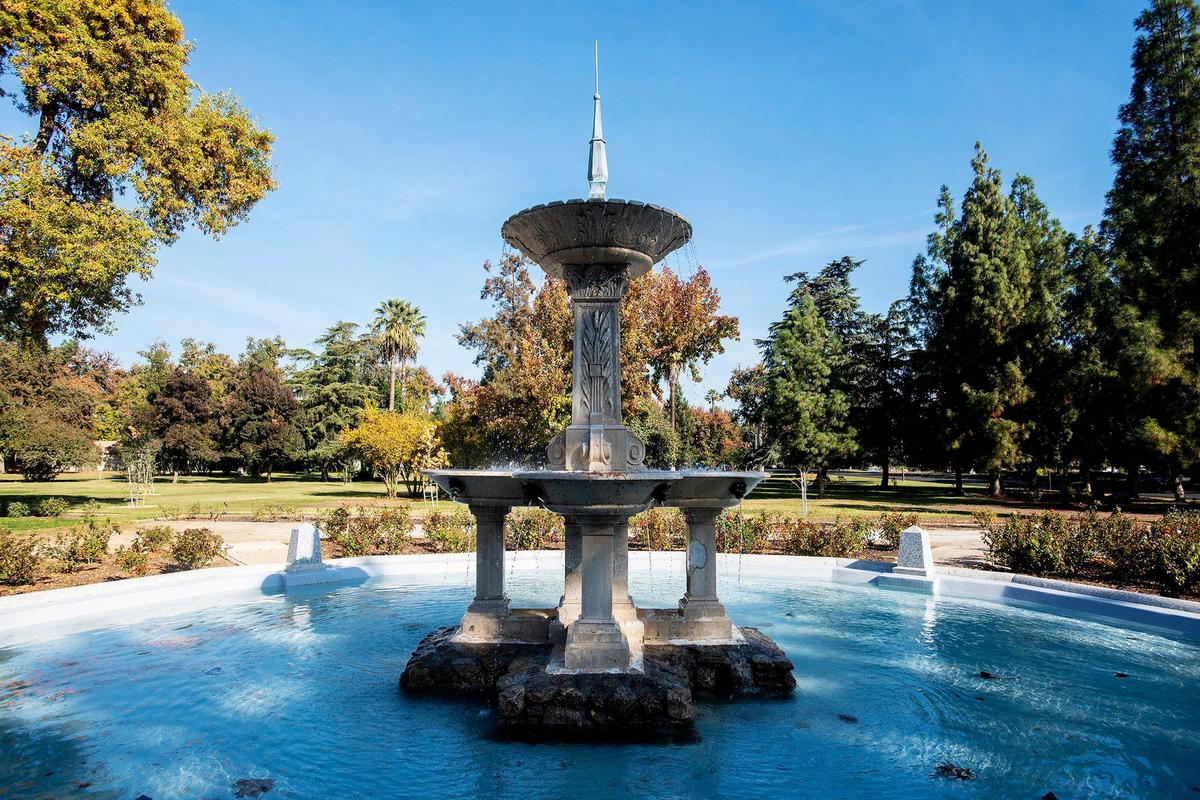 The historic Laura Fountain located in Applegate Park, near the intersection of M Street and West 26th Street in Merced, Calif., on Wednesday, Nov. 13, 2024. The marble fountain built in 1888 by Merced Founder Charles Henry Huffman and named for his third wife Laura Kirkland Huffman, was originally located next to the El Capitan Hotel. The fountain was moved to its current location in 1935. A restoration project was recently completed after the fountain had fallen into disrepair.