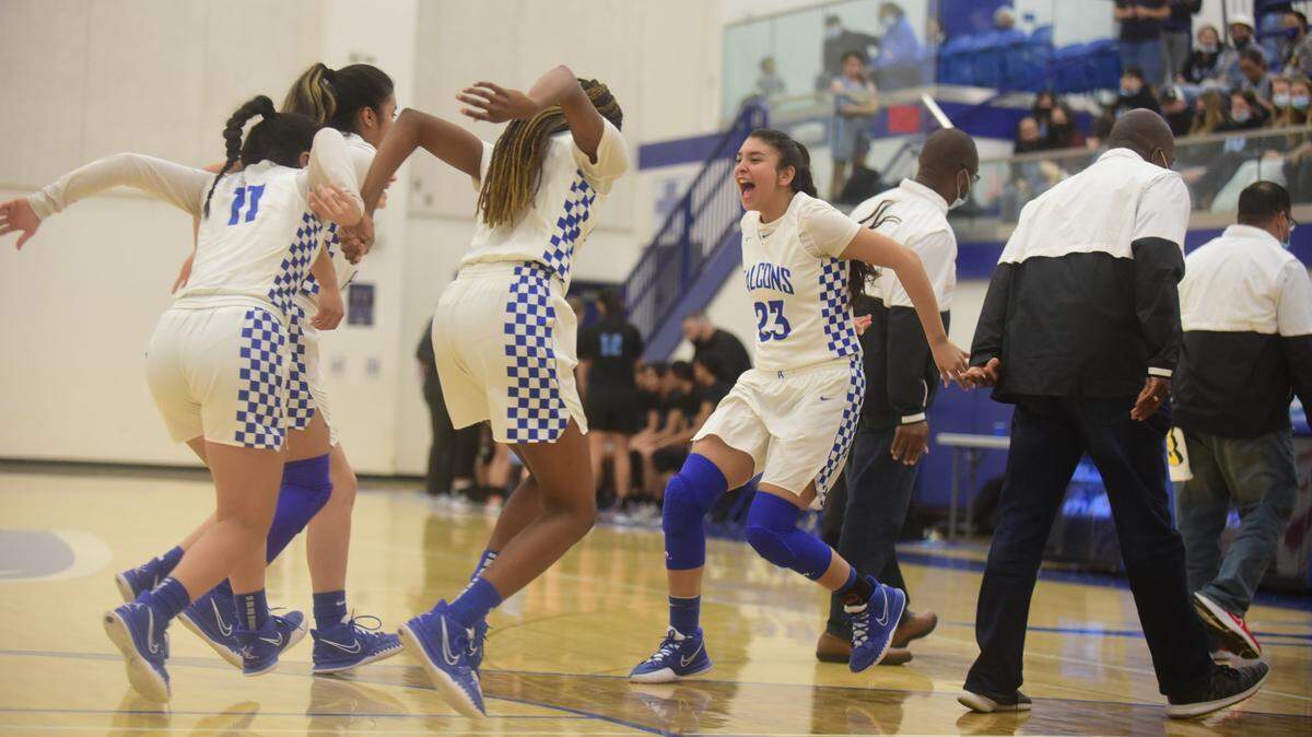 Atwater High senior Maya Manzanares celebrates with her teammates during the pregame introductions before Thursday’s game against El Capitan on Feb. 3, 2022 at the Atwater High gym.