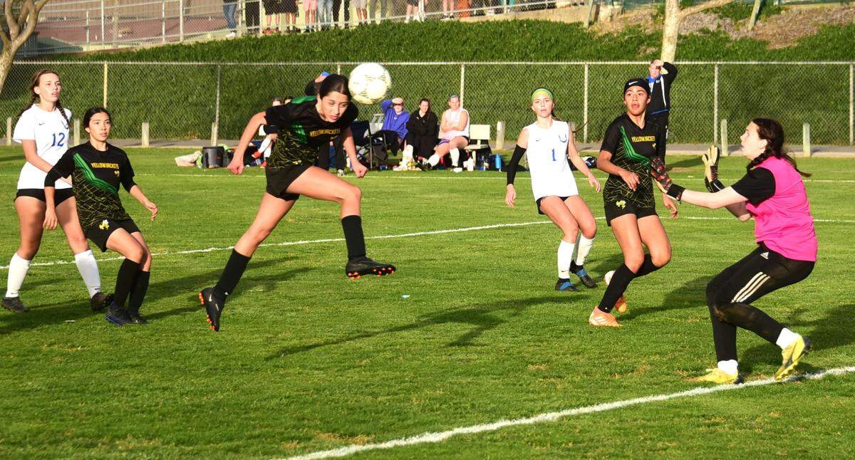 Hilmar High freshman Raylynn Mendonza (23) attempts to score on a header against University Prep during the Northern California Regional Division V semifinal match on Thursday, Feb. 29, 2024 at Hilmar High School.