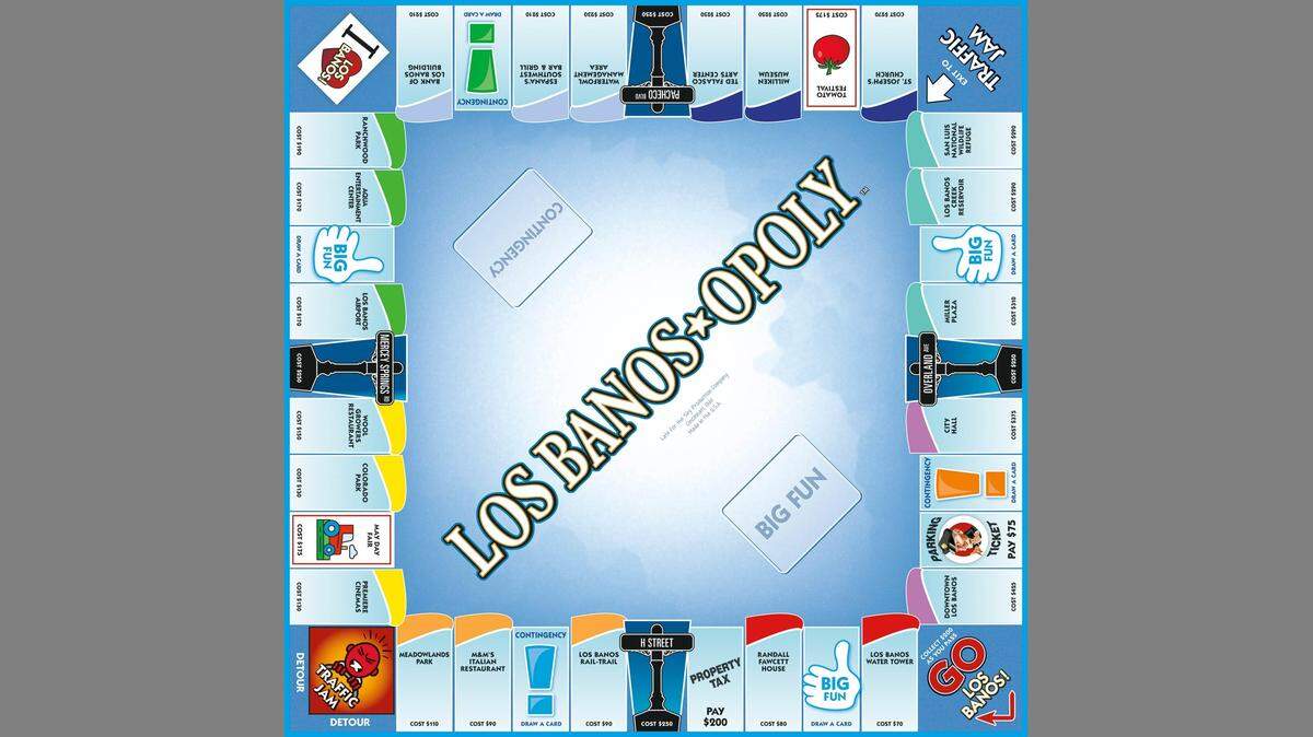 This Monopoly-based boardgame, Los Banos-opoly, was released for purchase at the Los Banos Walmart in May 2019, according to a news release from Cincinnati-based game creator Late for the Sky.