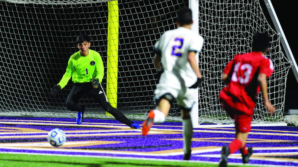 BEA AHBECK/NEWS-SENTINEL Livingston’s goalie Yareth Martinez defends during their CIF Sac-Joaquin Section Boys Division IV Soccer Championship game against Galt Thursday, Feb. 21, 2019.