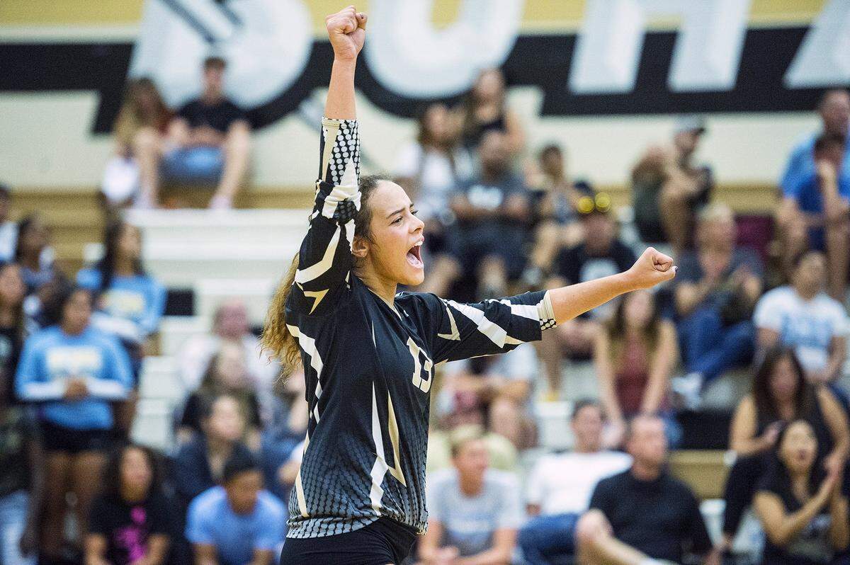 Buhach Colony senior Cameron Gray (13) celebrates a Thunder point during a match against El Capitan earlier this year. On Friday Gray made her college choice official by signing with Boise State.