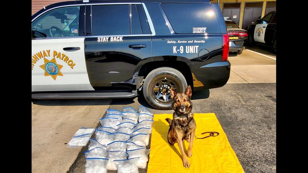 A driver and passenger were arrested Wednesday, after a California Highway Patrol officer and K-9 Beny, located crystal methamphetamine and cocaine during a traffic stop along Highway 99 north of Le Grand Road, according to the CHP. Image courtesy of California Highway Patrol.