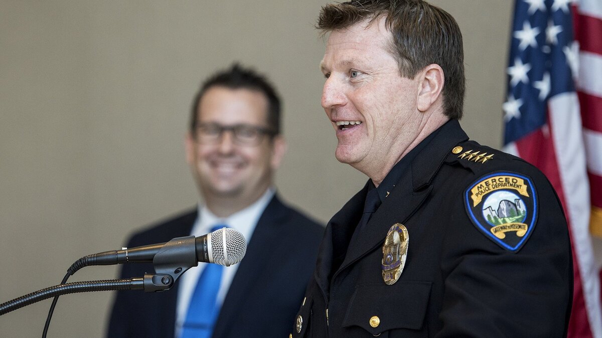 Merced Police Chief Christopher Goodwin speaks to the audience during his swearing-in ceremony at the Merced Civic Center in Merced, Calif., on Friday, July 6, 2018.