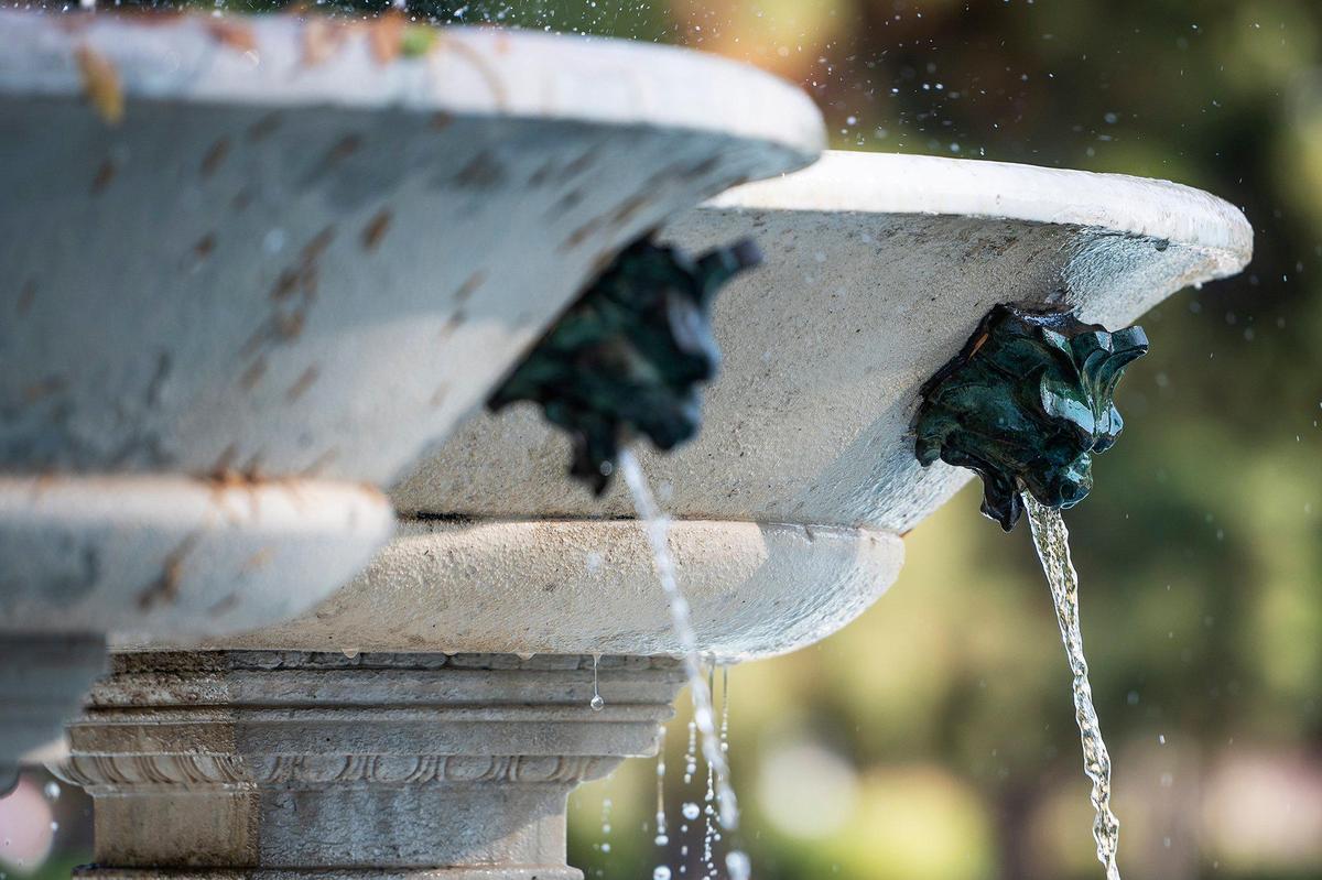 The historic Laura Fountain located in Applegate Park, near the intersection of M Street and West 26th Street in Merced, Calif., on Wednesday, Nov. 13, 2024. The marble fountain built in 1888 by Merced Founder Charles Henry Huffman and named for his third wife Laura Kirkland Huffman, was originally located next to the El Capitan Hotel. The fountain was moved to its current location in 1935. A restoration project was recently completed after the fountain had fallen into disrepair.