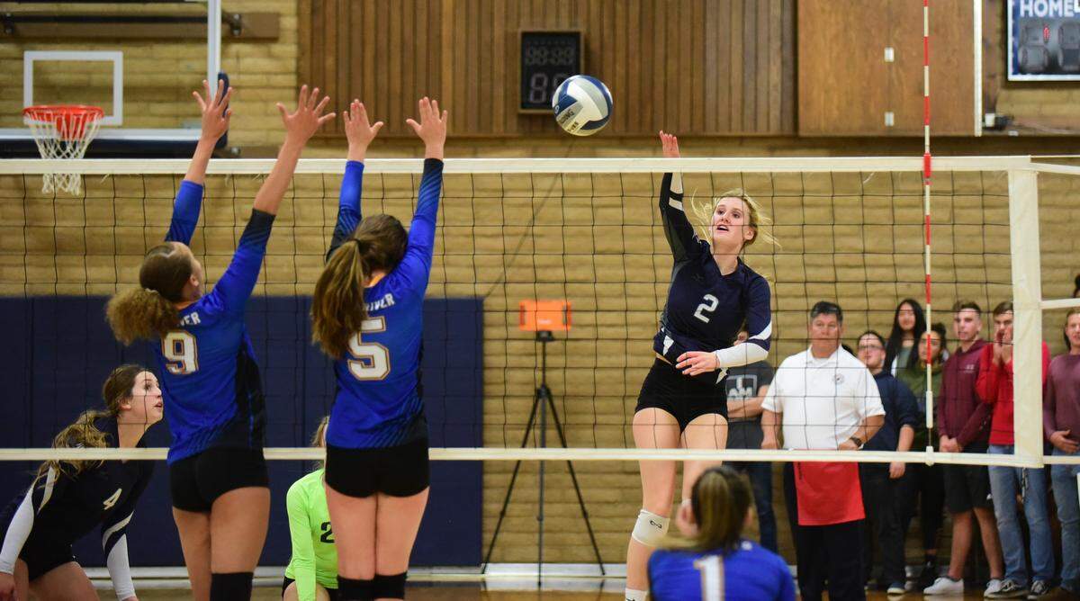 Stone Ridge Christian junior Maartje Vander Dussen hits the ball against Fall River on Tuesday, Nov. 19, 2019.