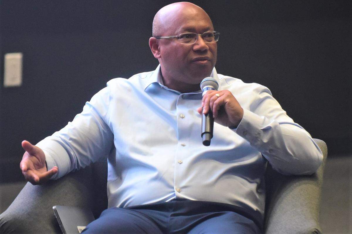 Martin Reed, who serves as UC Merced Assistant Vice Chancellor for Student Life & Residence Education, speaks during a town hall meeting held on campus on Wednesday, April 6, 2022.