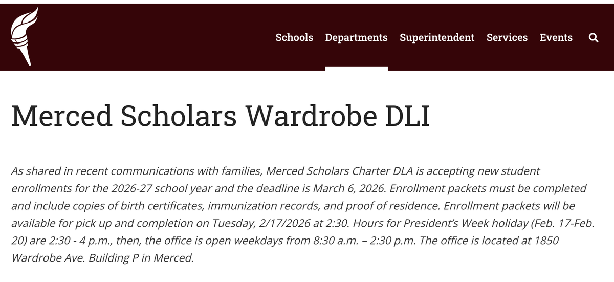screenshot of the announcement that MCOE will make enrollment packets available by Feb. 17, 2026