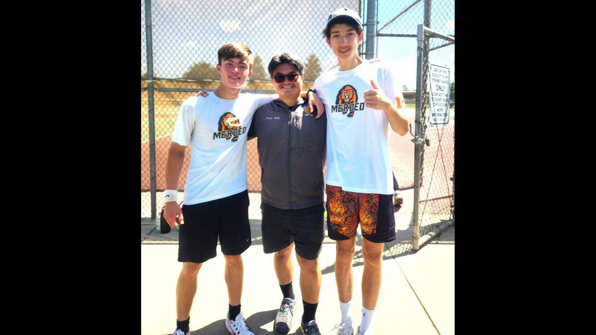 Merced Sun-Star Co-Tennis Players of the Year James Tetangco (left) and Brandon LiWang (right) are pictured with Merced tennis coach Keith Tetangco.