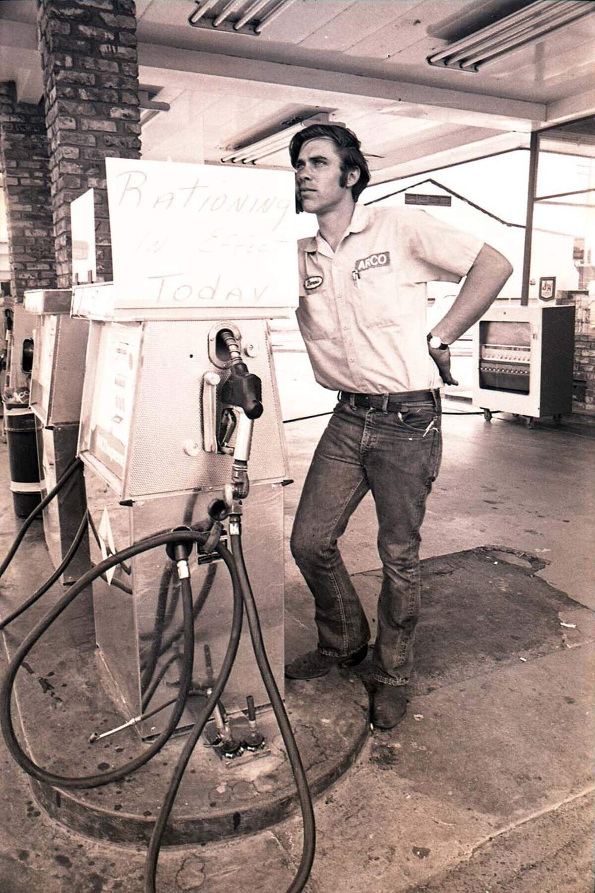 Dennis Ahnen’s poster says, “Rationing in Effect Today.” This photo was published on May 25, 1973.
