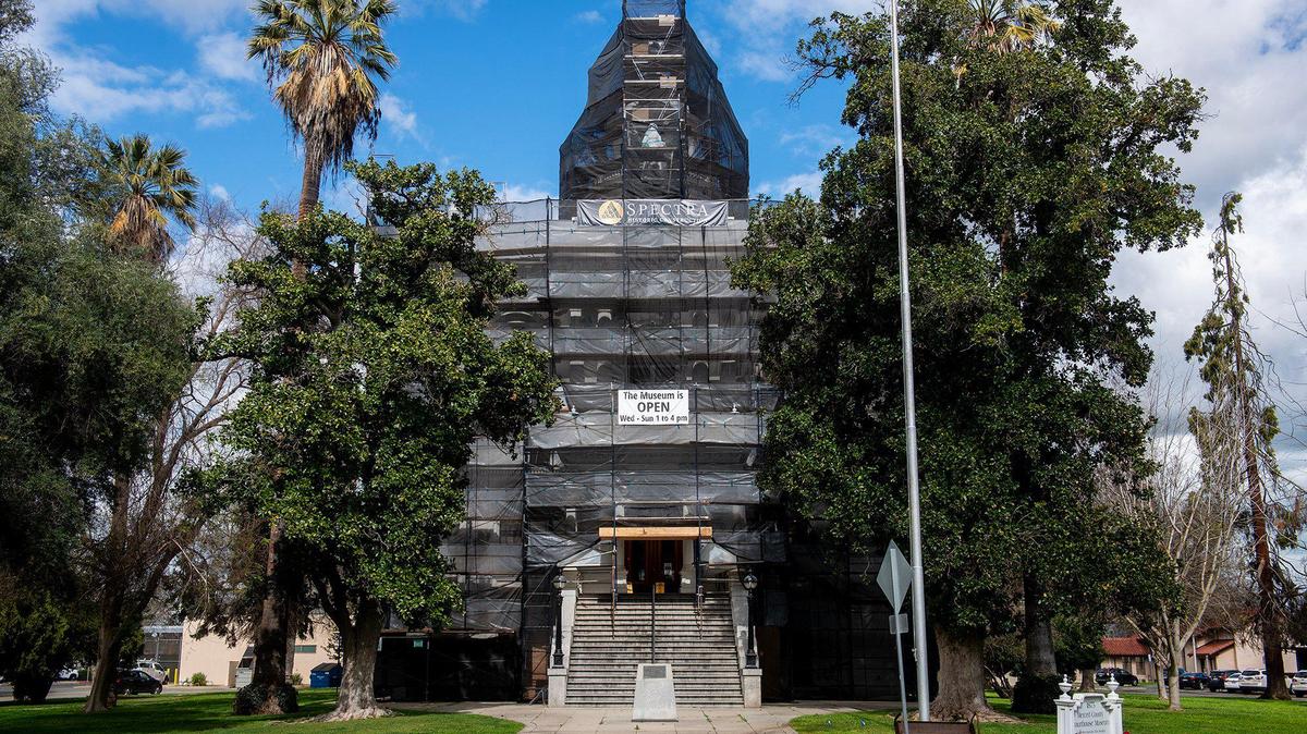 Scaffolding surrounds the Merced County Courthouse Museum as work is underway on a multi-million dollar project to restore portions of the building’s deteriorating exterior in Merced, Calif., on Thursday, March 6, 2025.
