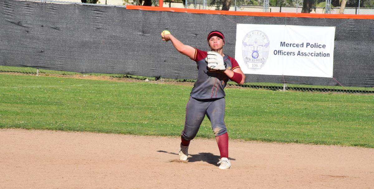 Golden Valley shortstop Vanessa Saltos make a throw to first base to get the out in the Cougars 7-2 win over Merced on Friday afternoon at Merced High in Merced, Calif.