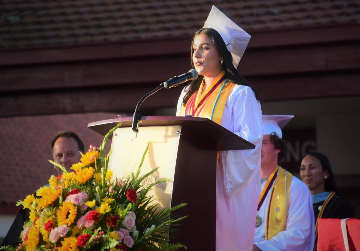Golden Valley High School graduate Jessica Elias Mendez addresses her fellow graduates during the school’s graduation ceremony on Thursday, June 1, 2023.