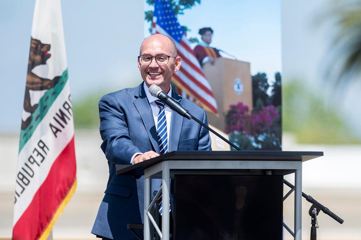 Merced College President Chris Vitelli speaks during the Merced College State of the College address in Merced, Calif., on Thursday, April 25, 2024. During the event, former Merced College President Dr. Ben Duran and his wife Dr. RoseMary Parga Duran, former Merced City School District Superintendent, were honored with the President’s Medallion Award recognizing them as among the college’s greatest supporters. Merced College’s Business Resource Center, located at 630 W. 19th Street, has been renamed the Dr. Benjamin T. Duran Business Resource Center.