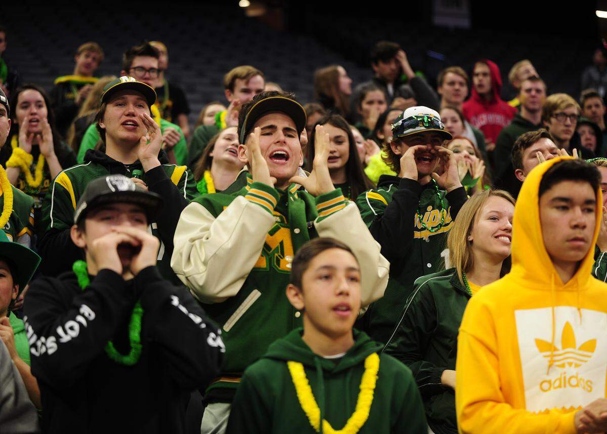 The Mariposa student cheer section kept their team in the game, during the Mariposa High vs Argonaut Sac-Joaquin Section Division V Championship at Golden 1 Center in Sacramento, on February 23, 2019. Despite a fourth quarter effort to comeback, the Mariposa Grizzlies lost to Argonaut.