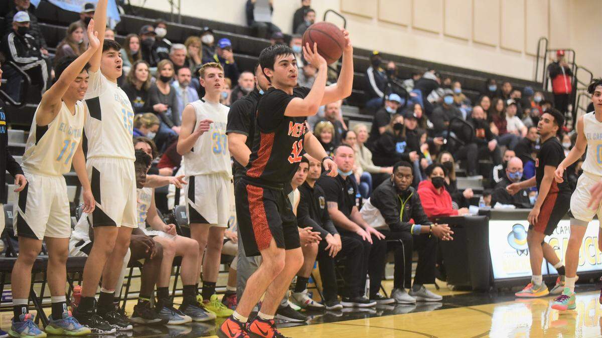 Merced High sophomore Roman Buendia fires a 3-pointer during a game at El Capitan High School on Monday, Feb. 7, 2022.